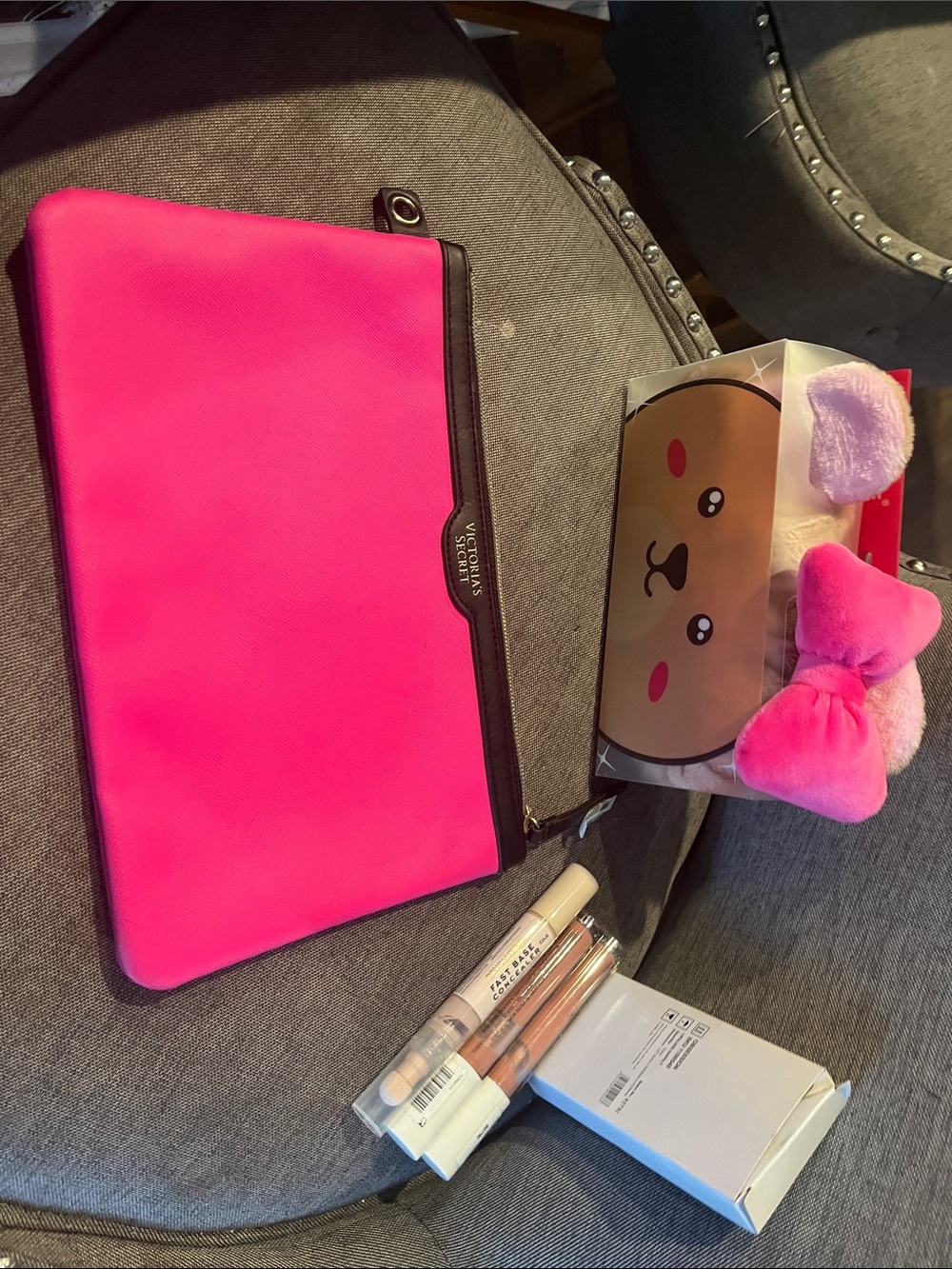 Victoria's Secret Hot Pink Makeup Case with beauty products